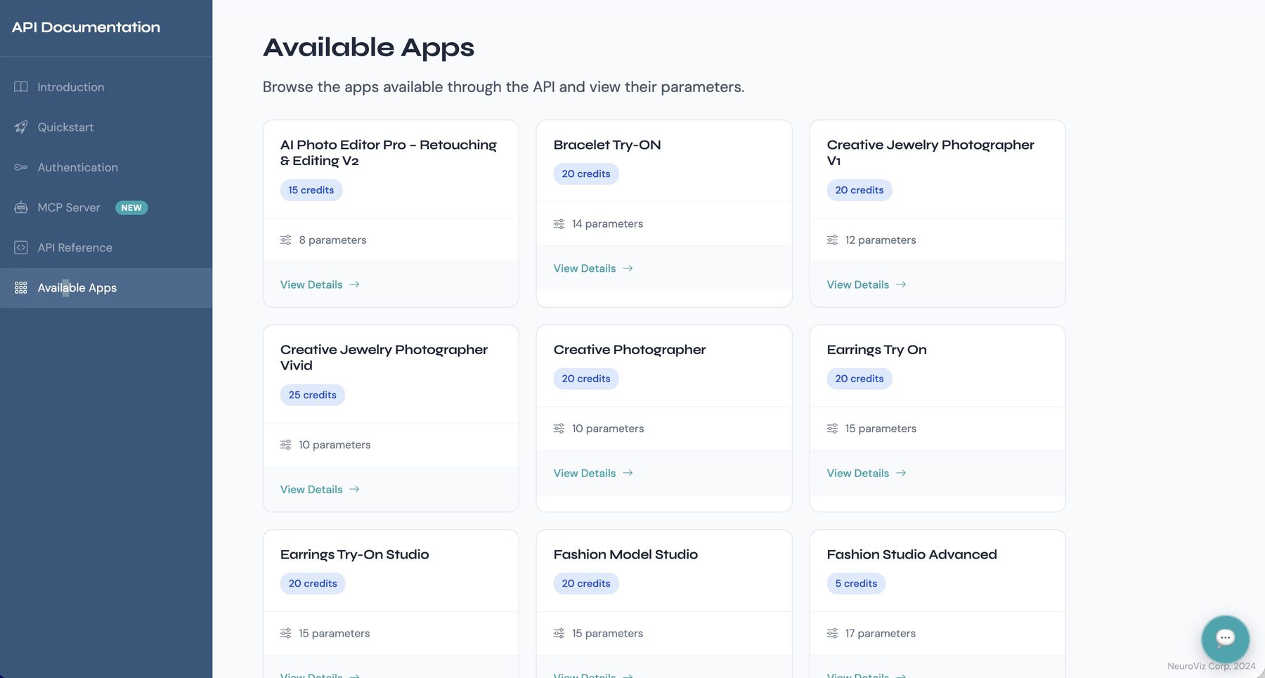 Available Apps page in the NeuroViz API documentation, listing each app with its credit cost and parameter count