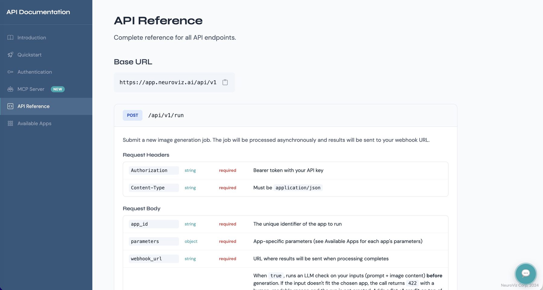 NeuroViz API reference page showing the base URL and the run endpoint with its required headers and request body parameters