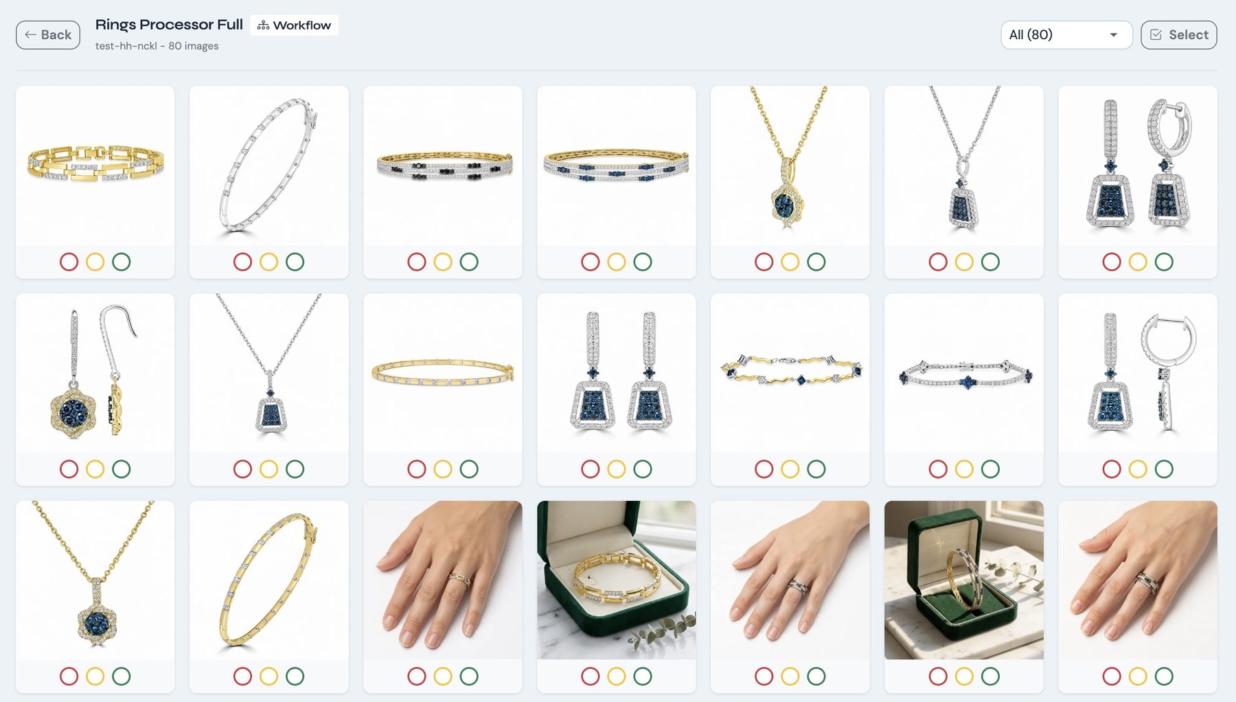 Gallery view of one batch: dozens of finished jewelry images grouped under the workflow that produced them, each with a rating control