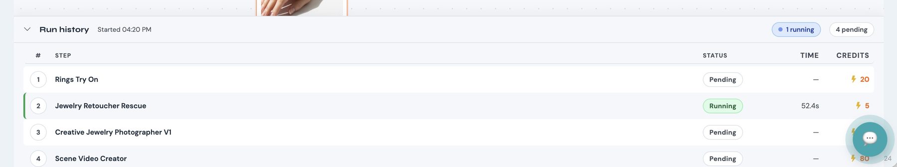 Run history panel during a batch run, listing each step with its status, elapsed time and credits used