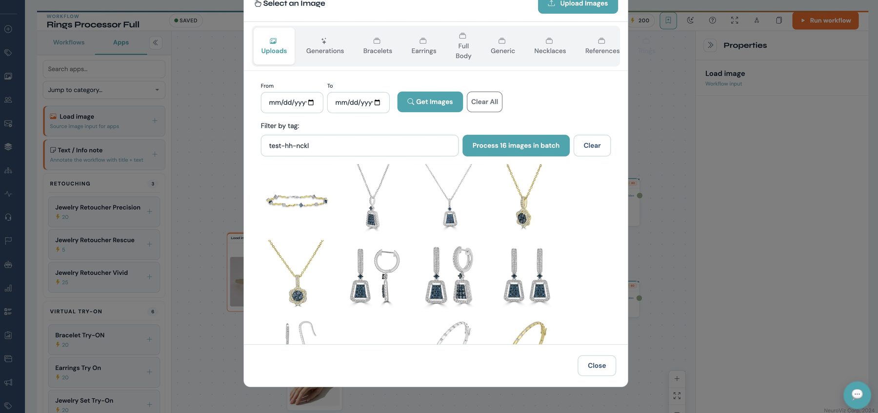 NeuroViz Select an Image modal showing 16 jewelry product photos loaded at once, with a Process 16 images in batch button
