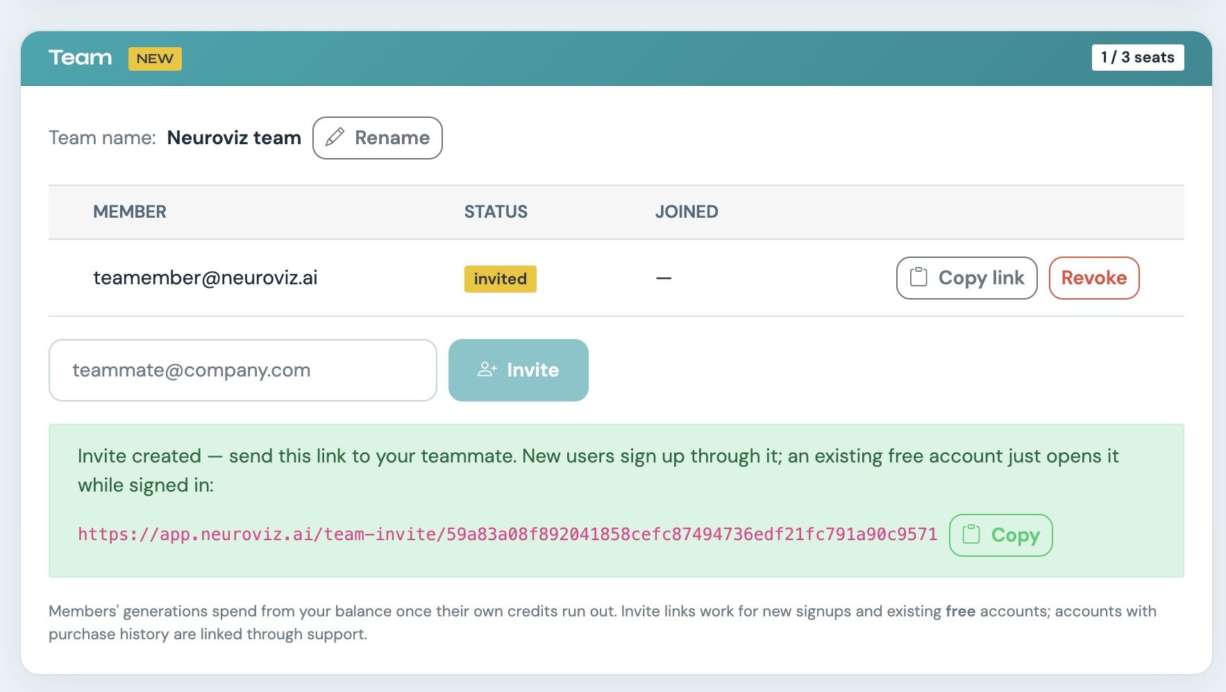 NeuroViz Team panel showing 1 of 3 seats used, an invited team member, and the invite flow for adding sub-accounts