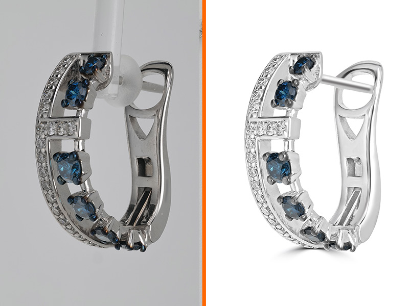 Sapphire hoop earrings before and after AI jewelry retouching — original photo cleaned to a sharp, white-background Precision result
