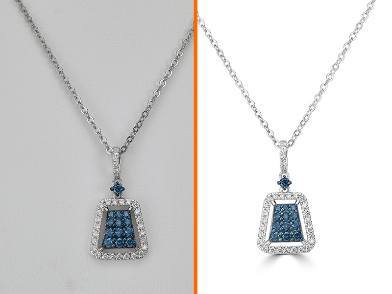 Sapphire pendant necklace before and after AI jewelry retouching — original cluttered shot transformed into clean Precision-tool result on white background