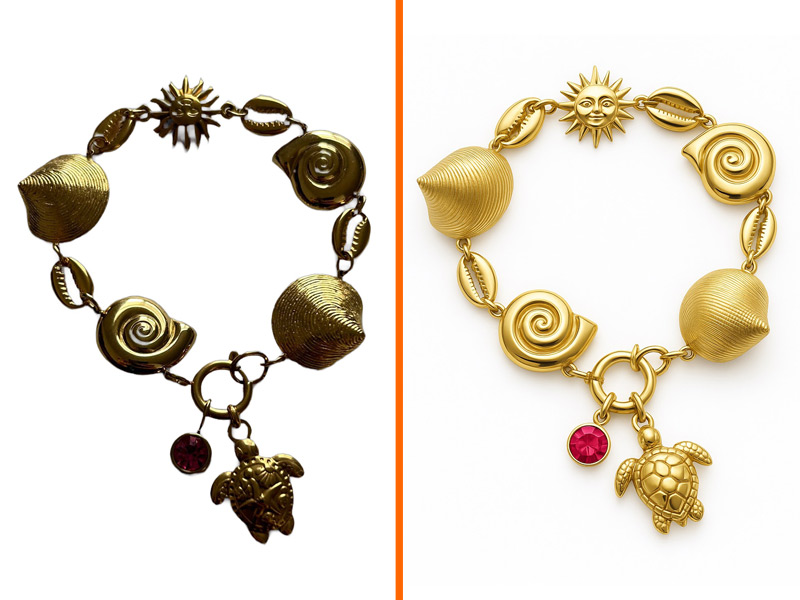 Vintage gold charm bracelet rescued by AI jewelry retouching — dim original photo restored to a bright catalog-grade gold finish