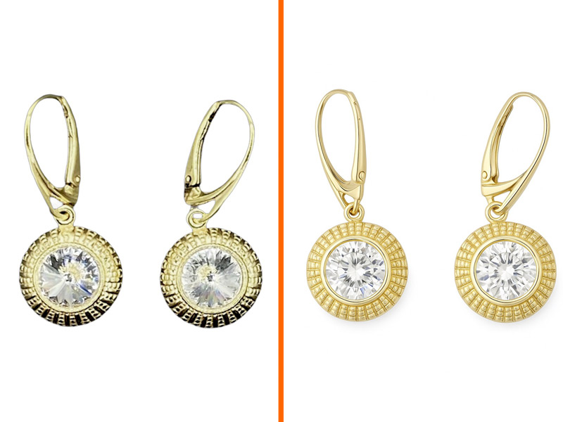 Yellow gold drop earrings with diamond centres rescued by AI jewelry retouching — dark, muddy original cleaned to a bright catalog finish