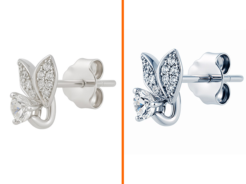 Diamond leaf stud earrings transformed by Jewelry Retoucher Vivid — original product shot enhanced with bold lighting and rich contrast
