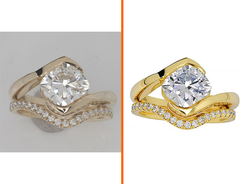 Cushion-cut diamond ring transformed by Jewelry Retoucher Vivid — yellow gold tones amplified with bold, vivid lighting for marketing use