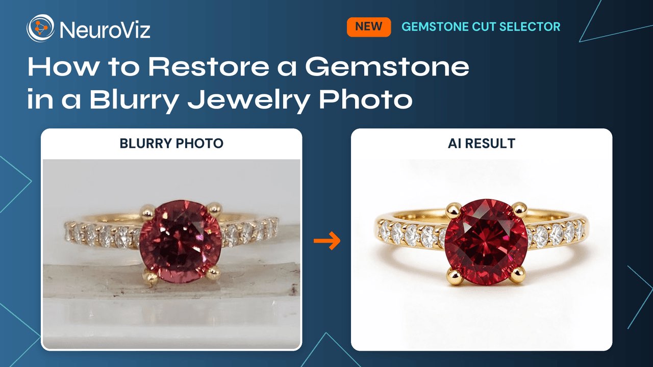Video cover: a blurry photo of a ruby ring beside the AI result with a sharp round-cut ruby and clean pavé diamonds in yellow gold, titled How to Restore a Gemstone in a Blurry Jewelry Photo