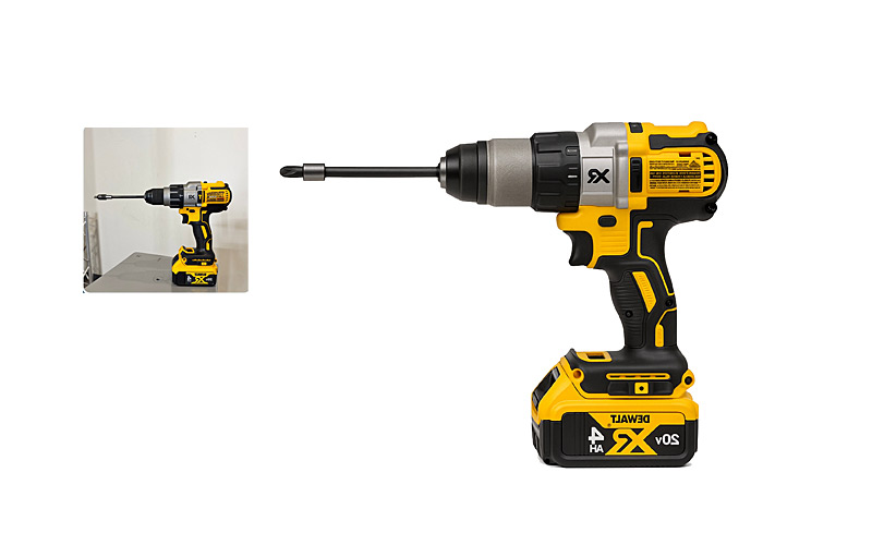 AI Retoucher Pro for Amazon example — power drill rendered as a sharp clean white-background product shot