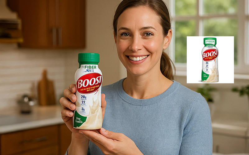Product + Model Studio example — beverage product held by an AI-generated model in a kitchen lifestyle scene