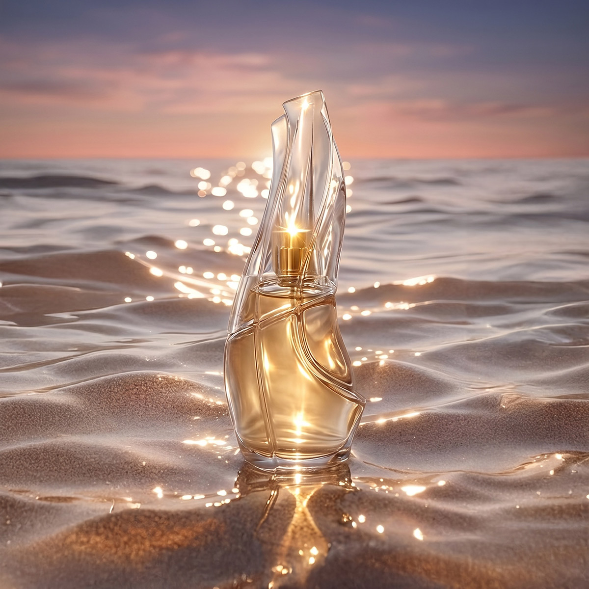 Same perfume bottle placed in a cinematic ocean-at-sunset scene generated by AI product photography