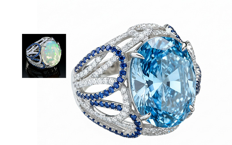 Jewelry Modifier Pro example — same ring shown in two color and gemstone variations side-by-side
