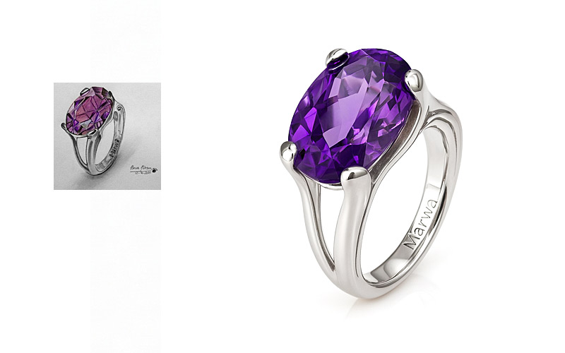 Jewelry Design Visualizer example — sketch rendered into a photorealistic amethyst ring