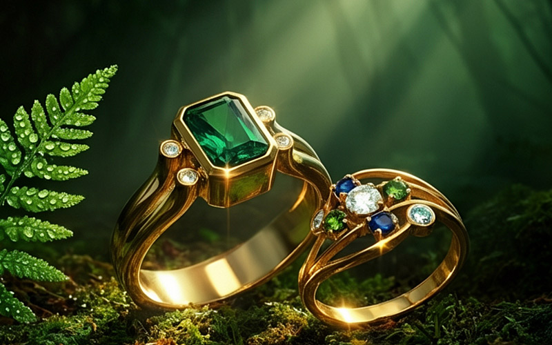 Creative Jewelry Photographer Vivid example — emerald and sapphire rings in a dramatic forest editorial scene