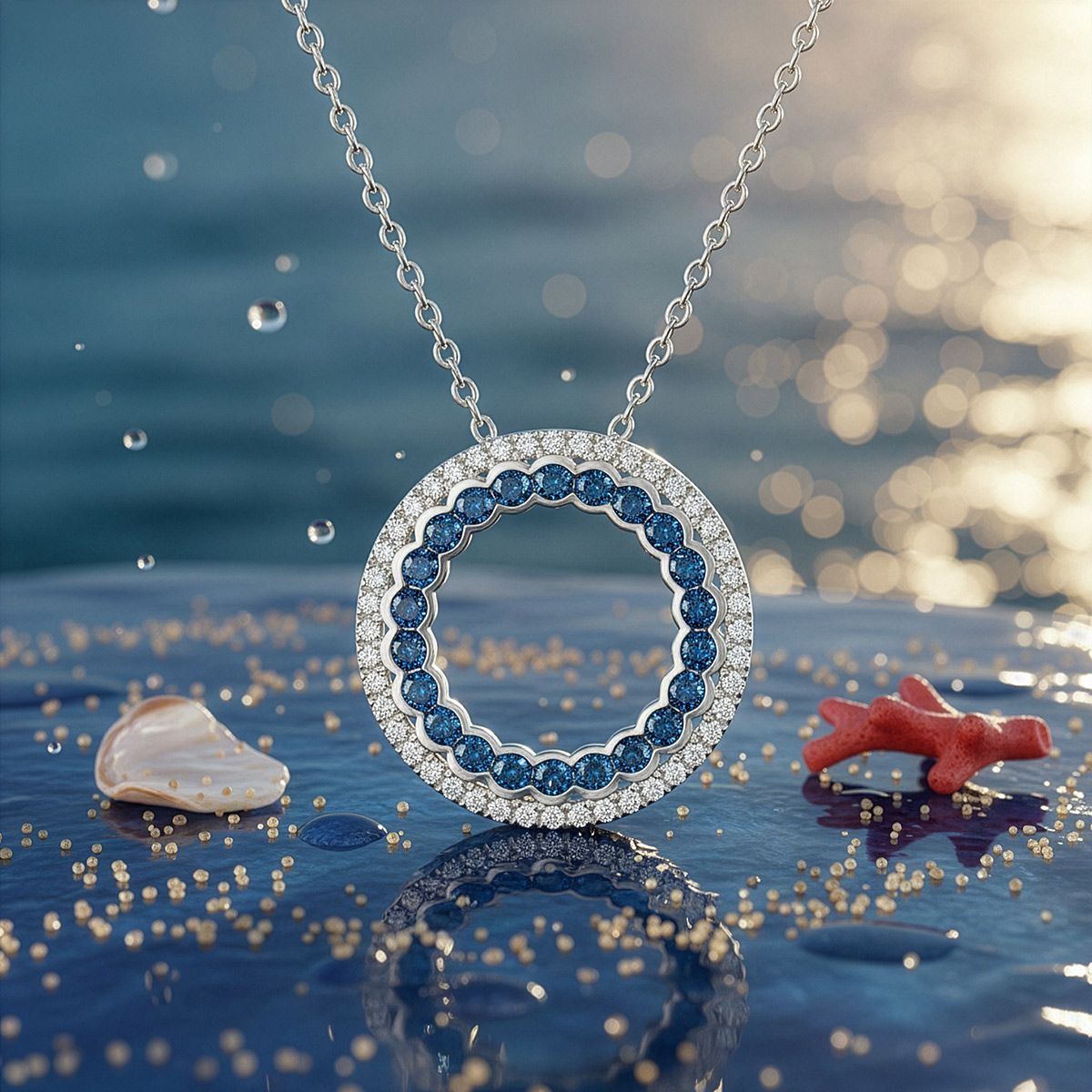 The same pendant placed in a cinematic underwater-style scene with shells and coral, generated by AI creative jewelry photography