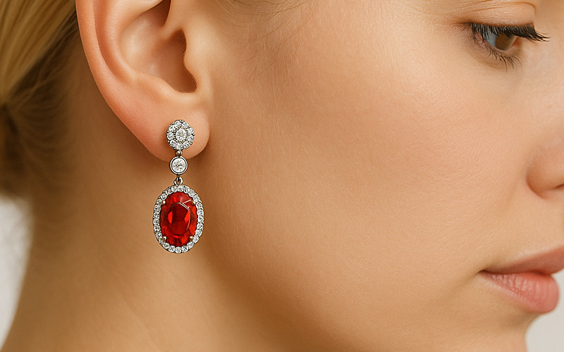 Earrings Try-On Studio example — earrings placed accurately on AI model ear in studio lighting