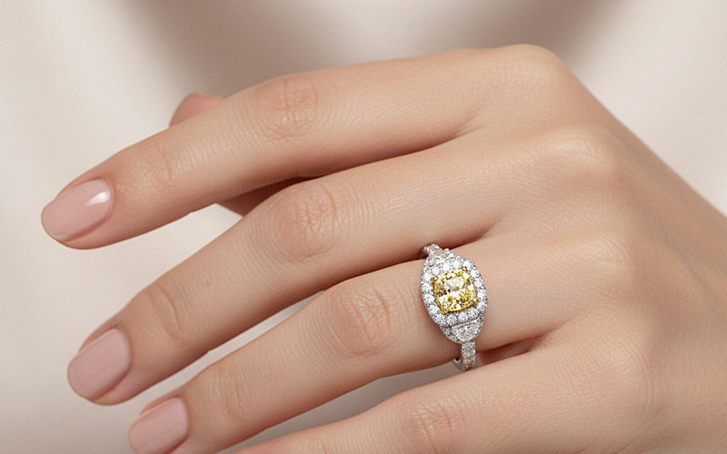 Rings Virtual Try-On example — ring on AI model hand with realistic finger sizing
