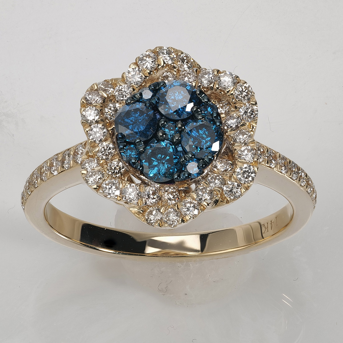 Blue diamond cluster ring as a plain product photo before AI jewelry virtual try-on